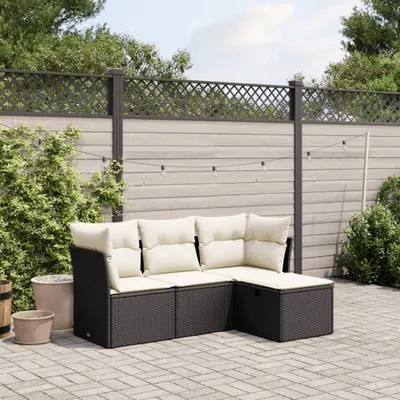 Produktbild von Design 4-tlg. Garten-Sofagarnitur mit Kissen Schwarz Poly Rattan, Gartenmöbel-Sets 2024 Neu