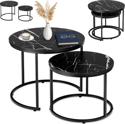 Zdjęcie produktu dla Zestaw Stolików Kawowych 2W1 Stolik Kawowy Okrągły Ława Marmur 53 Cm 43 Cm