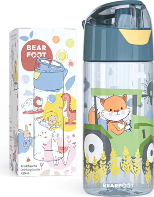 Produktbild von Trinkflasche Kinder 450ml, leichte Tritan Wasserflasche, BPA frei, auslaufsicher, Kohlensäure geeignet, spülmaschinenfest, Jungen, Mädchen - Fuchs