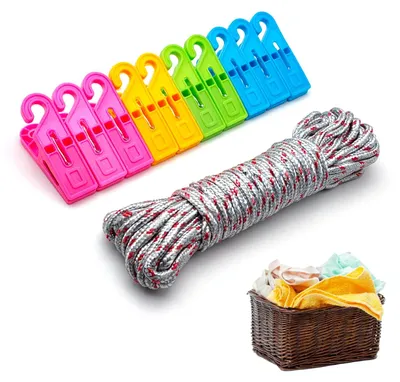 Wäscheleine 10 m, Nylon, bunt, mit 10 Klammern & Haken, Set