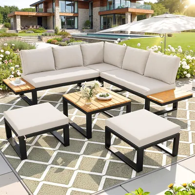 Produktbild von Merax Gartenlounge Set 6-teilig, Ecksofa mit verstellbarer Rückenlehne, Couchtisch & Hocker, Outdoor Möbel Gartenmöbel-Set mit Stahlgestell, Beige