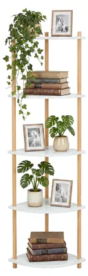 Immagine prodotto di Relaxdays, scaffale angolare, dimensioni: 143,5 x 38 x 25 cm, 5 ripiani, scaffale a terra per soggiorno, MDF, bambù, scaffale angolare, bianco/naturale