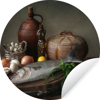 Produktbild von MuchoWow® Runde Wandtattoo - Wandsticker Tapete Aufkleber Rustikal - Fisch - Stilleben - Gemüse - Kräuter Ø 30 cm Selbstklebend und Repositionierbar - Wandaufkleber - Kreis - Wandbild - Fototapete - Selbstklebend - Dekoration - Wandschmuck - Schlafzimmer