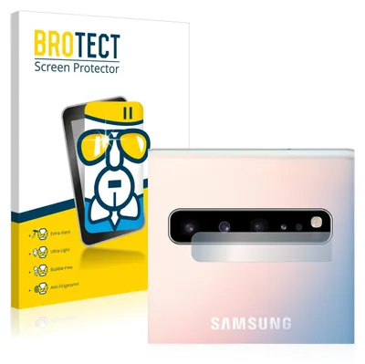 A product shot of a screen protector packaging and a smartphone with a camera protector applied.