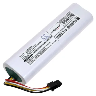 A white cylindrical battery pack with a black connector and colored wires.