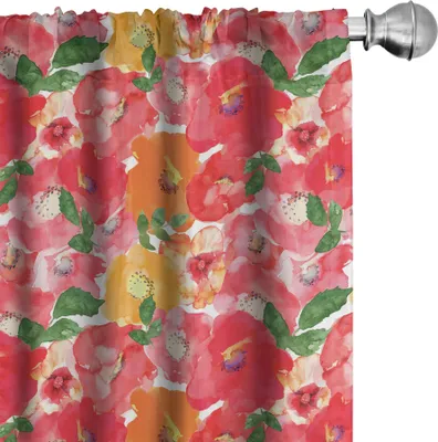 Obrázok produktu pre ABAKUHAUS Kvetinové závesy, záclony, akvarelový efekt s kvetinovým motívom Krásne kvety a listy, 2 kusy 75 x 175 cm, červená a oranžová