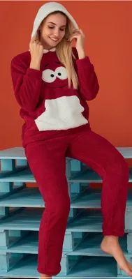 Produktbild von Damen Pyjama POLAR Schlafanzug Rot L mit Kapuze 2-Teiler Set Lang Warm Winter S-11
