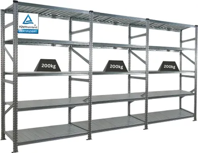 Produktbild von Fachbodenregal PROXIMO mit  Stecksystem | Komplettregal | HxBxT 200x360x70cm | 5 Ebenen | Fachlast 200 kg | Beidseitig nutzbar | Verzinkt