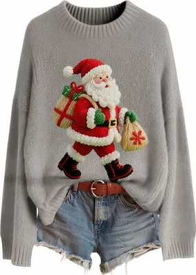 Produktbild von ASKSA Damen Weihnachtspullover,Strickpullover Rundhals Pulli Sweater Herbst Winter Warm Strickpulli Weihnachtspulli (B-Grau,S)