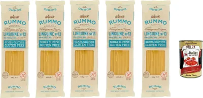 Produktbild von Rummo Linguine Nr.13 Glutenfrei 5x400g – 2 kg Vorrat, aus Mais & Vollkornreis, bronzgezogen, bissfest, ideal für Tomatensaucen & Fisch – italienische Pasta ohne Gluten + Italian Gourmet polpa
