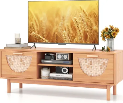 Zdjęcie produktu dla Stojak TV na 55-calowy telewizor, nowoczesne centrum rozrywki z 2 szufladami i bambusowymi frontami, szafka multimedialna z nogami z litego drewna, naturalny