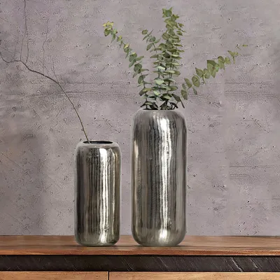 Zdjęcie produktu dla WOHNLING Wazon Zestaw 2 Aluminiowy Srebrny Wazon na Kwiaty Wazon Cylindryczny Nowoczesny Okrągły