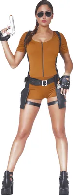 A woman in a costume posing with a toy gun.