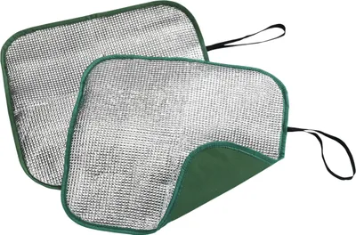 Two insulated seat pads with green trim and black straps are shown against a white background.