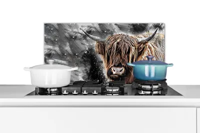 Produktbild von KitchenYeah®  Spritzschutz Küche - Küchenrückwand - Wandschutz für Herd und Spüle - Schottisches Hochlandrind - Tiere - Schwarz 60x30 - Alu-Dibond (Alternative zum Spritzschutz aus Glas) - Hitzebestän