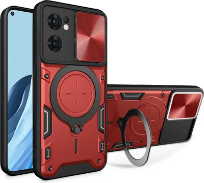 Produktbild von Handyhülle für Oppo Reno7 5G Dual-Layer Stoßfest Rüstung Hülle mit Dia Kameraschutz und Kreisförmig Ring Ständer Rot