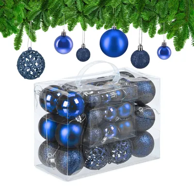 Produktbild von Relaxdays Weihnachtskugeln im 50er Set, glitzernde, matte & glänzende Christbaumkugeln, Kunststoff, ∅ 3, 4 & 6 cm, blau