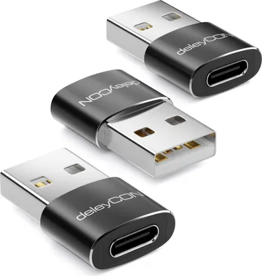 Produktbild von deleyCON USB C auf USB Adapter [3 Stück] USB C Buchse auf USB A Stecker - für PC Computer Laptop Notebook Aluminium Schwarz