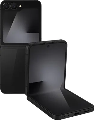 Two black Samsung Galaxy Z Flip phones are shown against a white background. One is closed and standing upright, while the other is open and lying on its side.