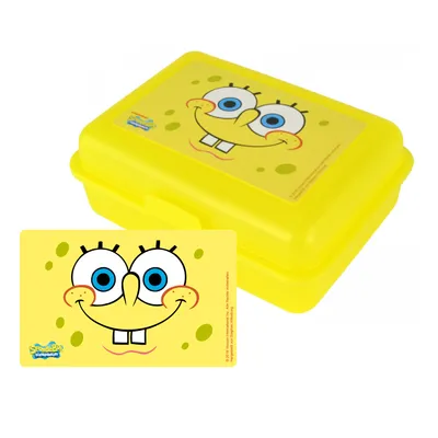 A yellow lunch box with Sponge Bob's face on it, placed next to a Sponge Bob themed card.