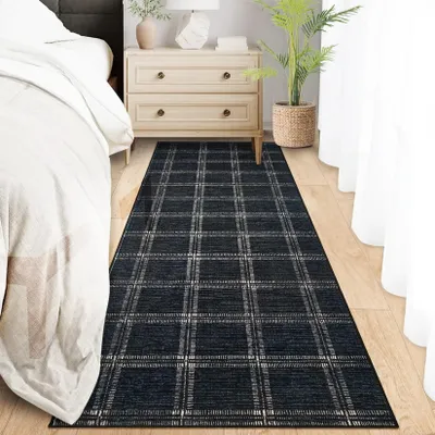 Zdjęcie produktu dla Karierter dywan - wykładzina do przedpokoju - 100% poliester - podkładka gumowa - krótki włos - 60 x 230 cm - czarny