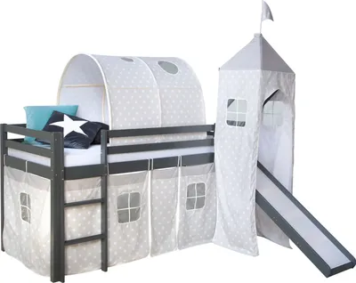 Produktbild von Homestyle4u 1874, Kinder Hochbett 90x200 grau mit Rutsche Tunnel Turm Sterne