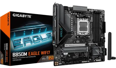 Produktbild von GIGABYTE B850M EAGLE WIFI7 Mainboard – AMD Ryzen 9000 Series CPUs, digitales 8+2+2-Phasen-VRM, bis zu 8200 MHz DDR5 (O.C.), 1× PCIe-5.0-M.2 + 1× PCIe-4.0-M.2, Wi-Fi 7, 2.5-GbE-LAN, USB 3.2 Gen 2, AMD, Sockel AM5, AMD Ryzen 7000 Series, AMD Ryzen 8000 Series, AMD Ryzen 9000 Series, Sockel AM5, DDR5-SDRAM, 256 GB
