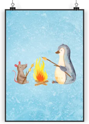 Produktbild von Mr. & Mrs. Panda Bild Pinguin Lagerfeuer DIN A4 - Eisblau - Geschenk, kunstdruck poster, Job, Maus, Wandbild, wanddeko, Plakat, drucke, Arbeit, Motivation, Marshmallows