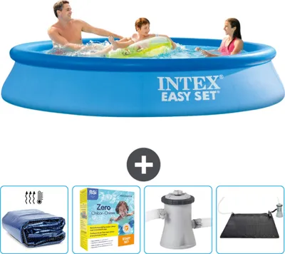 Produktbild von Intex runder aufblasbarer Easy Set-Pool – 305 x 61 cm – Blau – im Lieferumfang enthalten Sonnensegel - Wartungspaket - Filterpumpe für Schwimmbad - Solarmatte