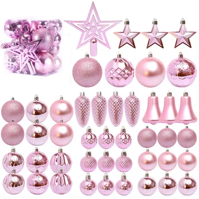 Produktbild von Weihnachtskugeln Set 45 Stück – Christbaumkugeln Kunststoff – Weihnachtsbaumschmuck – Baumschmuck Set mit Kugeln, Sternen und Baumspitze - Rosa