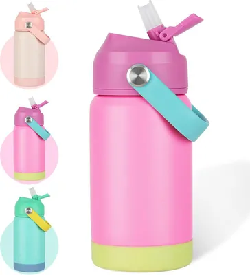 Produktbild von AMFUN Kinder Edelstahl Isolierte Wasserflasche, 350ML Trinkflasche mit Strohhalm, Kinderflasche Auslaufsicher, Kleinkind Thermosflasche für Schule -