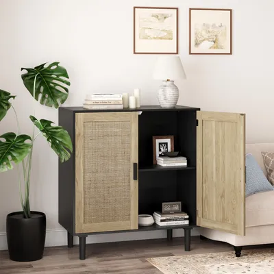 Immagine prodotto di Mobiletto contenitore okwish, pensile con spazio di archiviazione, mobiletto laterale a due ante in stile rattan, armadietto per ingresso o soggiorno, colore nero