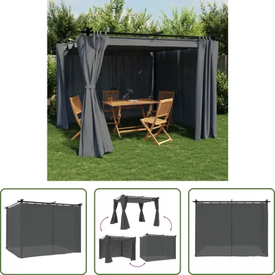 Image de Pavillon "The Living Store" avec rideaux, couleur anthracite, dimensions 3x3 mètres, structure en acier