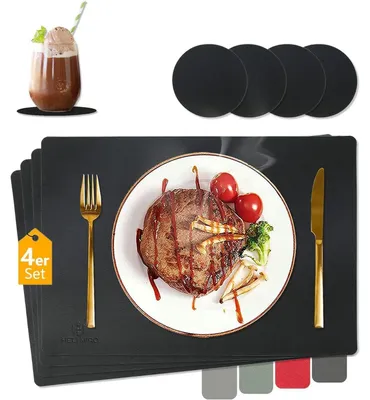 Produktbild von Tischsets Leder Abwaschbar Hitzebeständig 4er Set mit Untersetzern Schwarz 43x30cm