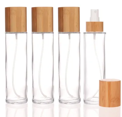 4er Set 120 ml Glas-Sprühflaschen mit Bambusdeckel, Feinsprühkopf