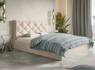 Produktbild von Polsterbett SIM 4 mit Kopfteil, 120x200 cm, Doppelbett mit Bettkasten und Lattenrost aus Holz, Velourstoff, Farbe: Beige