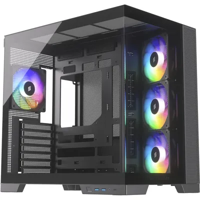 Image de Silentware View A-RGB Black Boîtier PC tour Midi, panneau avant et fenêtres latérales en verre trempé, 4X 120mm RGB ventilateurs PWM, USB-C, ATX/mATX/ITX