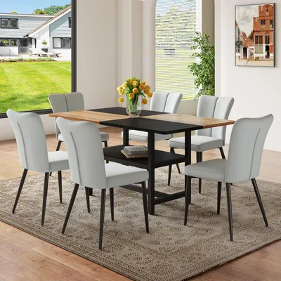 Produktbild von Tisch-Stuhl-Set, 160 cm rechteckiger Esstisch mit Ablagefach + 6 hellgraue moderne Stühle