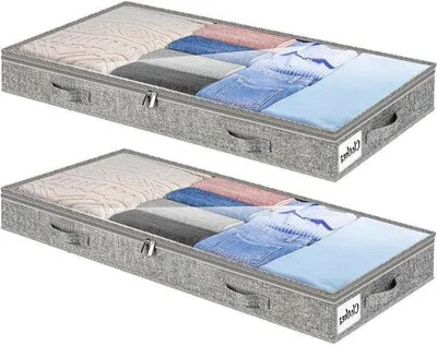 Produktbild von Set aus 2 flachen Aufbewahrtaschen für unter das Bett - Raumsparende Kleideraufbewahrung mit transparentem Deckel