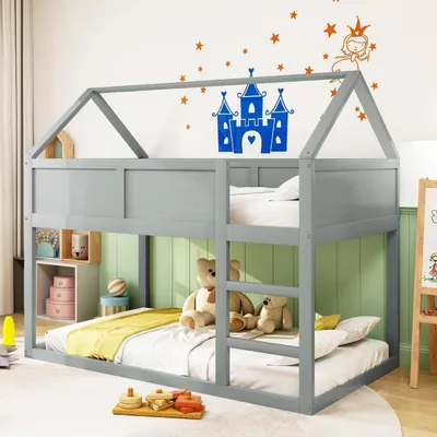 Produktbild von Hochbett 90x200 cm mit Treppe, niedriges Kinderbett für 2 Kinder, Etagenbett mit Rausfallschutz und Lattenrost, Grau