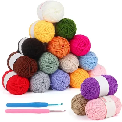 Productafbeelding van Hekelset met hekelnaalden, acryl garen voor het maken van gehaakte figuren, meerkleurig, 4-laags, zacht, 18 kleuren, 25 gram per bol