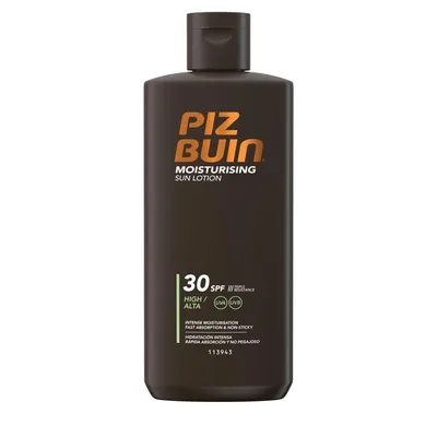 Produktbild von Piz Buin Moisturising Sun Lotion LSF 30 (200 ml), schnell einziehende Sonnencreme mit dreifach Sonnenschutz und Lichtschutzfaktor 30, pflegt die Haut