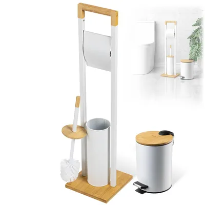 Produktbild von KADAX Toilettenpapierhalter mit integrierter WC-Bürste und Kosmetikeimer, Klopapierhalter Stehend mit Toilettenbürste, Toilettenpapierständer (Weiß)