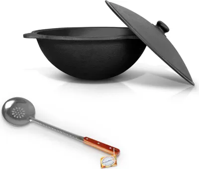 Produktbild von Set - Kasan aus Gusseisen, Aluminiumdeckel, runder Boden, Ø 46,5 cm, 16 l + Schaumlöffel 48 cm