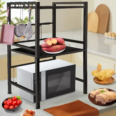 Produktbild von Ausziehbarer Mikrowellenständer 40-64cm,Küchenregal,Gewürzregal Stehend, mit 6 Haken,Metall Organizer für Arbeitsplatte Bäckerregal 40-64x36.5x78cm
