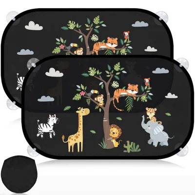 Zdjęcie produktu dla Zestaw 2 sztuk osłon do samochodu dla dzieci, chroniących przed promieniowaniem UV, o wymiarach 51x31 cm, z motywami zwierząt