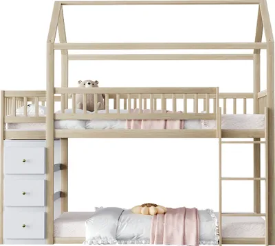Produktbild von Etagenbett Mit Aufbewahrungskommode und Regalen Leiter Kinderbett Hausbett Jugendbett 90 * 200 cm Holzfarbe
