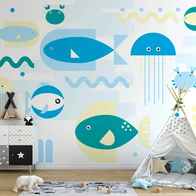 Produktbild von Vlies Fototapete - Animals in the sea - geometric blue fish in water for kids 250x175 cm Für Kinder e-A-10019-a-a