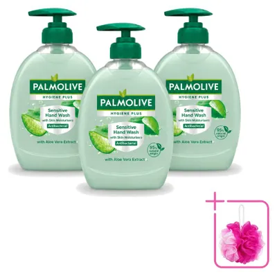 Imagen del producto de 3 unidades de jabón líquido para manos Palmolive Hygiene Plus Sensitive, con aloe vera, de 300 ml cada uno. Paquete económico