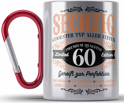 Produktbild von Trendation -  60. Geburtstag Edelstahl Tasse Karabiner Mann Geschenk 60er Geschenkidee 60 Vater Männer Lustig Geschenke 60 Jahre Alt Mann Männer Vater (Rot)